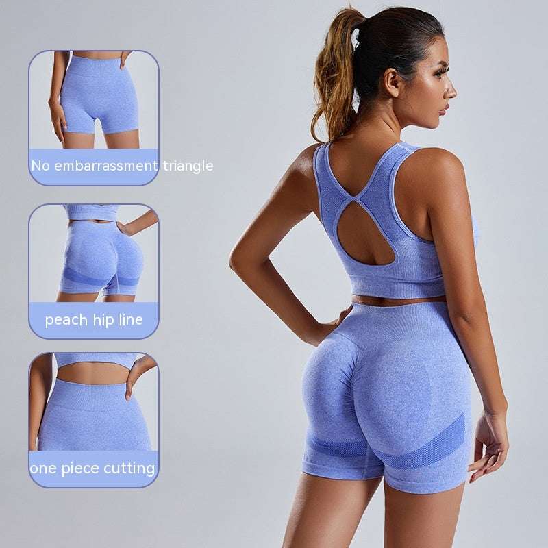 blue Women's Seamless Workout Set with sports bra and short leggings, with features no embarrassment triangle, peach hip line and one piece cutting