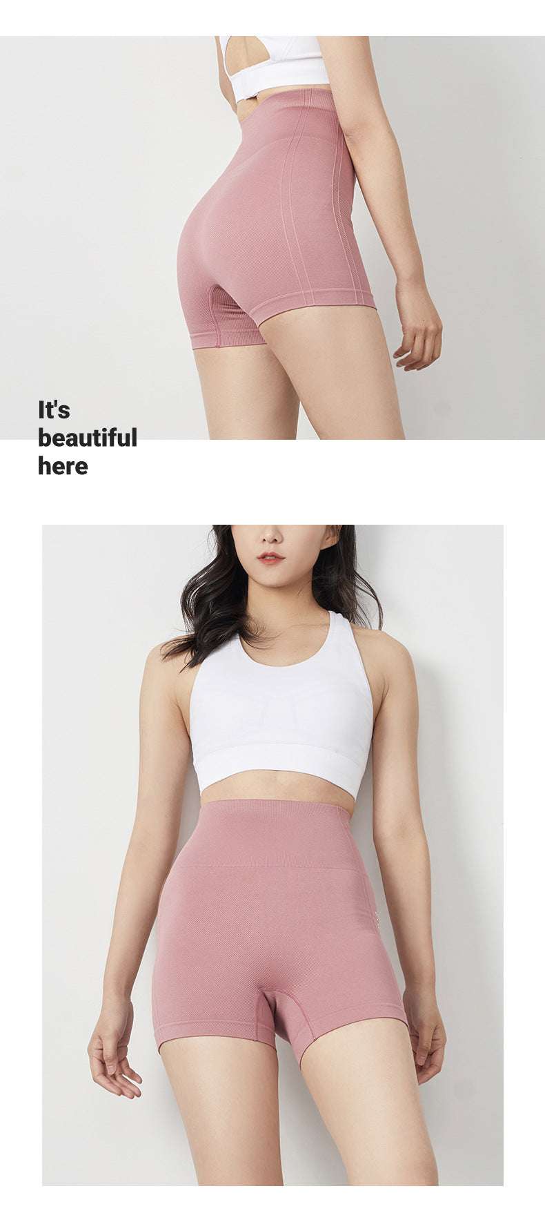 pink Women's Tight-Fit Yoga short, front and side view