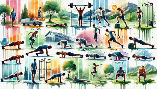 A beautiful watercolor painting showcasing the 10 best exercises for overall fitness. 