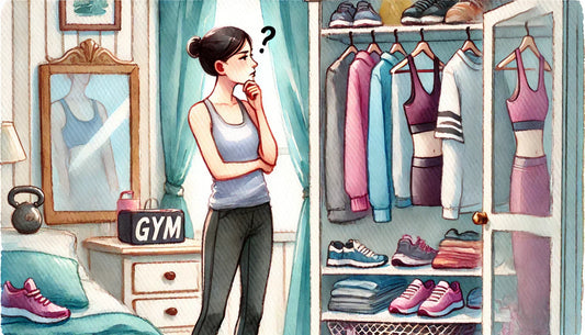 A watercolor painting of a person deep in thought, standing in front of an open wardrobe or closet filled with gym clothes