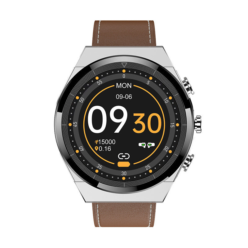Bluetooth Smartwatch with Heart Rate Monitor & Calling - color Silver Brown - Leather Belt - fitpulsezone